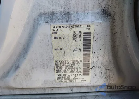 2016 Nissan Altima 2.5 Sr из США, поврежденный, VIN 1N4AL3AP7GC273850